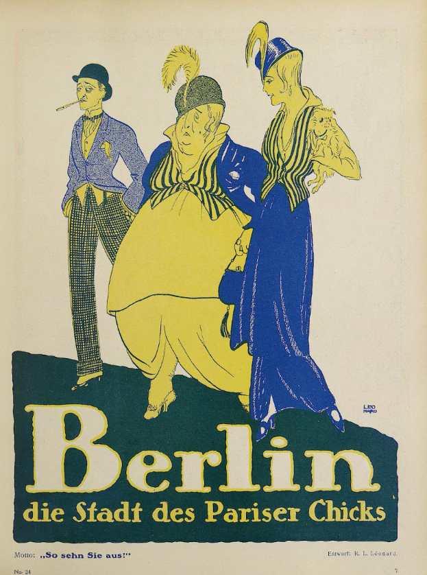 Ein Plakat, das ein Konzert in Berlin, Deutschland, ankündigt, auf dem eine Gruppe von Menschen in bunter Kleidung vor einem Gebäude steht, mit dem Text "Berlin - Die Stadt des Pariser Chicks" oben.