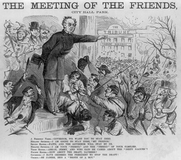 Eine Tuschezeichnung, die eine Gruppe bewaffneter Personen im Stadtpark zeigt, mit einem Gebäude im Hintergrund und der Inschrift "Das Treffen der Freunde, Stadtpark."