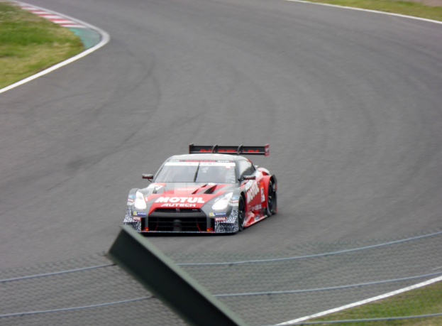 Ein Nissan GT-R Nismo GT3 Rennauto auf der Nürburgring 24 Stunden Strecke, umgeben von grünem Gras.