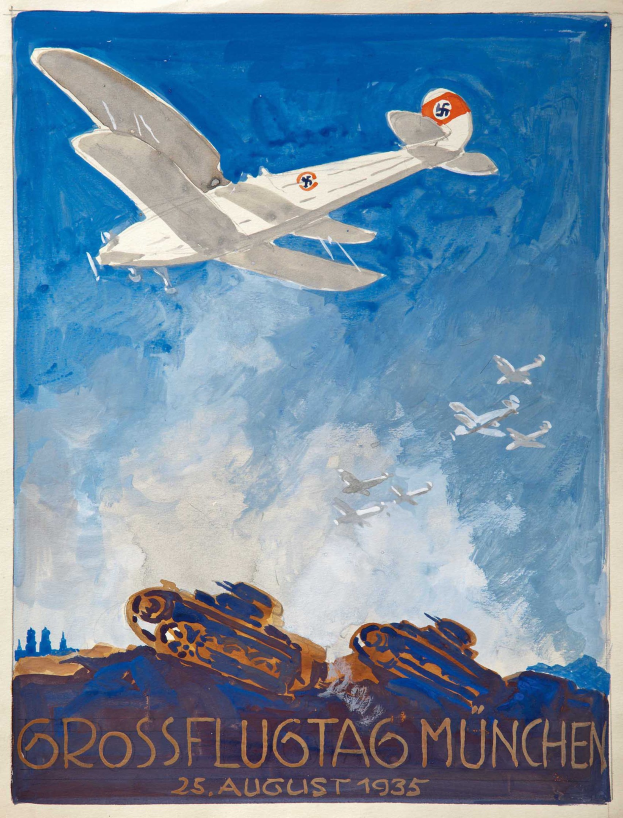 Plakat, das den "Grossflugtag München"-Event am 25. August 1935 bewirbt, mit einem Flugzeug, das im Himmel fliegt und andere Flugzeuge im Hintergrund.