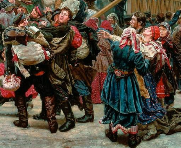 Gemälde, das eine lebhafte Szene von Menschen zeigt, die in traditioneller russischer Kleidung während der russischen Revolution tanzen, wobei einige Gegenstände halten, vor einem Holzhaus und einer Menge.