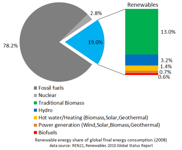 Ein Kreisdiagramm, das den globalen erneuerbaren Energieverbrauch im Jahr 2008 zeigt, unterteilt in Abschnitte für fossile Brennstoffe, Kernenergie, Wasser, Heizung, Biomasse, Solar, Geothermie und Biokraftstoffe, mit begleitendem Text.