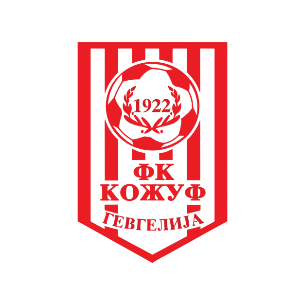 Ein rotes und weißes gestreiftes Logo mit "Kosovo Football Club" in fetter, schwarzer Schrift in der Mitte, umgeben von einem weißen Rand.