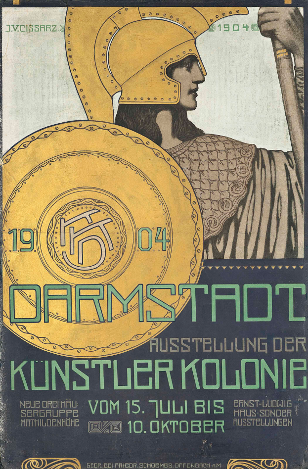 Plakatankündigung eines Konzerts in Berlin, Deutschland im Jahr 1904 mit einer Person in einem Helm, die ein Schild hält, mit 'Darmstadt' und 'Künstlerkolonie' in fetter Schrift.
