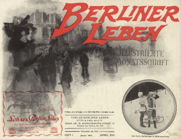 Altes Buch mit dem Titel 'Berliner Leben' und einem Foto von Menschen in traditioneller deutscher Kleidung auf dem Cover und Text, der seinen Inhalt beschreibt.