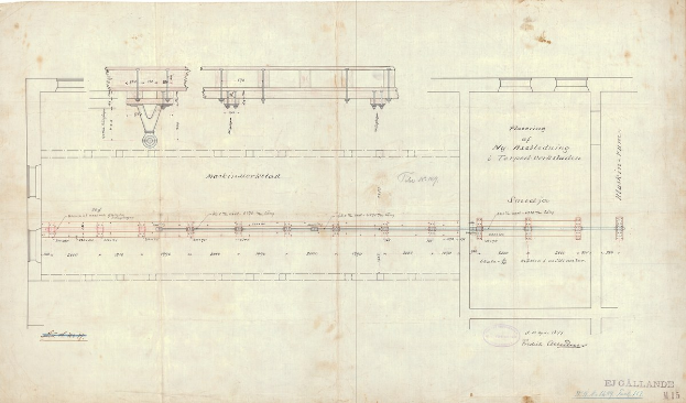 Detailzeichnung einer Eisenbahnschiene auf Papier mit beschrifteten Komponenten und Anmerkungen.