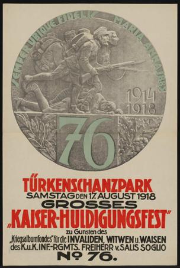 Ein gerahmtes Plakat zum 70. Jahrestag des Kaiser-Huldigungsfestes in Berlin, Deutschland, das eine Gruppe von Menschen in der Mitte zeigt, umgeben von Text und Zahlen.