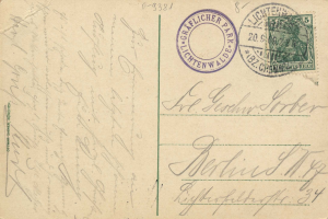 Alte Postkarte mit einer Briefmarke, die 'Lichtenwald, Deutschland - Einschreiben nach Deutschland' lautet, mit handgeschriebener Text und zwei zusätzlichen Briefmarken in der oberen rechten Ecke.