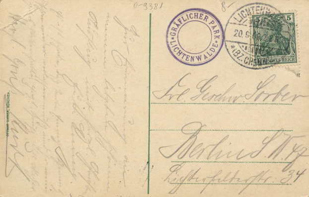 Alte Postkarte mit einer Briefmarke, die 'Lichtenwald, Deutschland - Einschreiben nach Deutschland' lautet, mit handgeschriebener Text und zwei zusätzlichen Briefmarken in der oberen rechten Ecke.