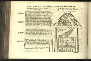 Ein aufgeschlagenes Buch mit einer Zeichnung einer ägyptischen Pyramide, umgeben von Text und anderen Bildern, die die altägyptische Kultur zeigen.