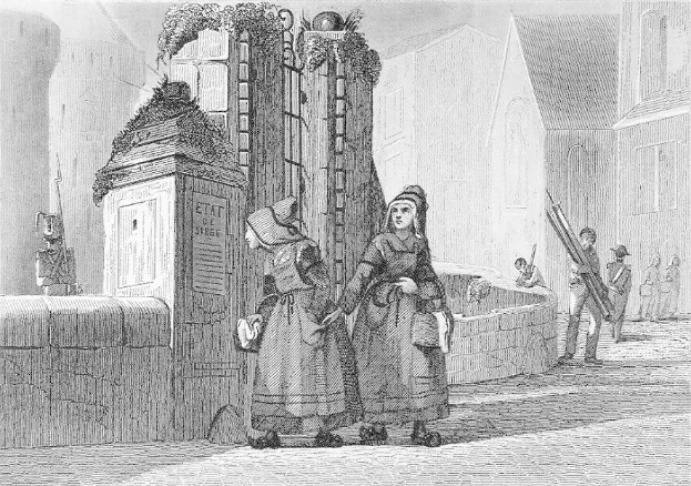 Schwarz-weiß-gravur von zwei frauen, die vor einem gebäude in der stadt london stehen, mit anderen leuten im hintergrund und text, der unten 'viktorianische frauen in der stadt london' liest.
