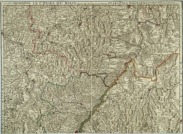 Eine alte Karte der Region Rheinland-Pfalz in Frankreich, die den Rhein zeigt, mit Text oben und unten auf dem Papier.