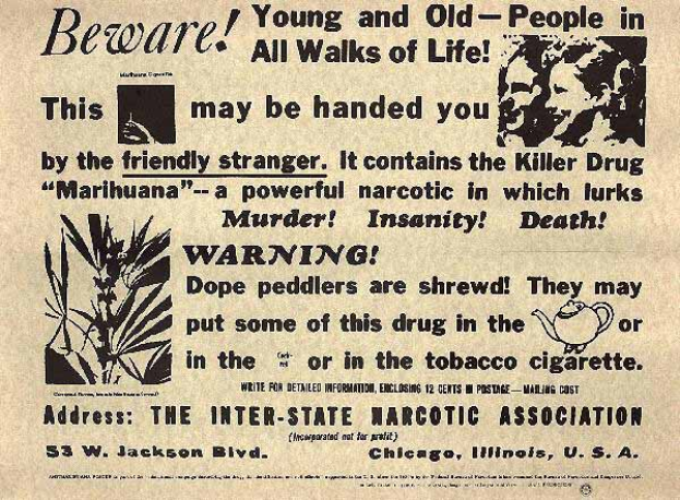 Eine alte Zeitungsanzeige der Inter-State Narcotic Association mit einem Mann und einer Frau und dem Text "Vorsicht bei jungen und alten Menschen in allen Lebensbereichen".