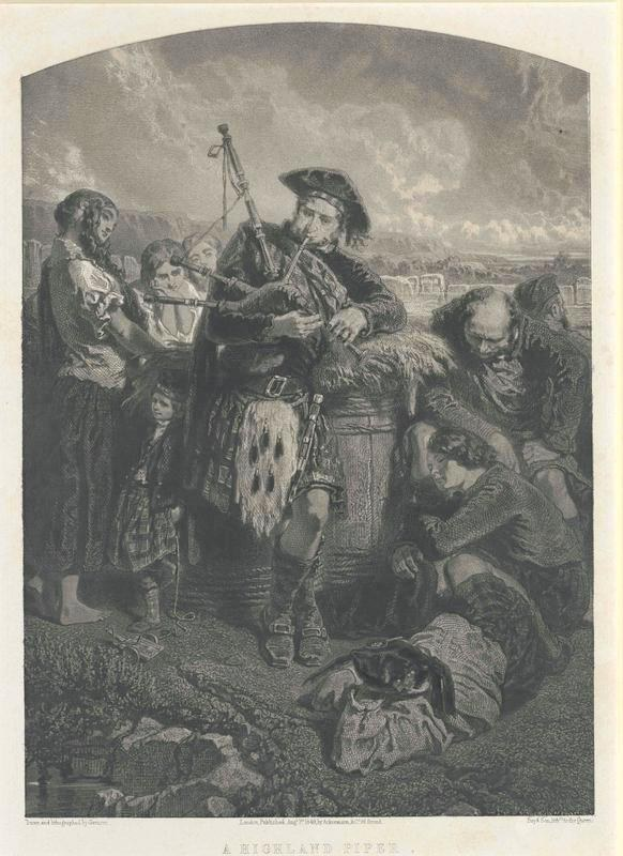 Schwarze und weiße Gravur eines Mannes, der vor einem Publikum eine Dudelsack spielt, unter einem bewölkten Himmel, mit dem Text "Ein Highland-Pfeifer" unten.