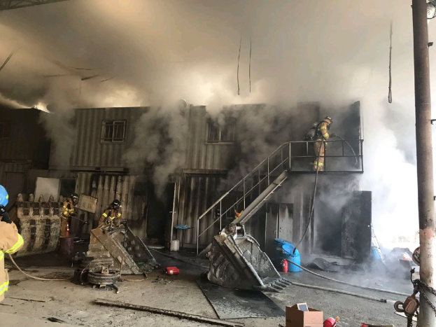 Feuerwehrleute in Helmen, die Rohre halten, kämpfen gegen ein Lagerfeuer mit qualmendem Gebäude, während Treppen mit Geländern zum Eingang führen und ein Pfahl mit einer Kette rechts steht; im Hintergrund eine Wand mit Fenstern und unten verstreute Kartons, Rohre und andere Gegenstände.