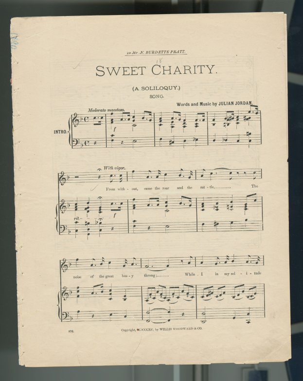 Notenblatt für "Sweet Charity" mit musikalischen Noten und Symbolen auf altem Papier, auf einer Glasfläche dargestellt.