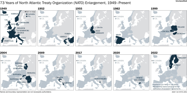 Karte, die die Erweiterung der NATO von 1949 bis heute veranschaulicht, wobei die Regionen nach dem Jahr der Mitgliedschaft farbcodiert sind.