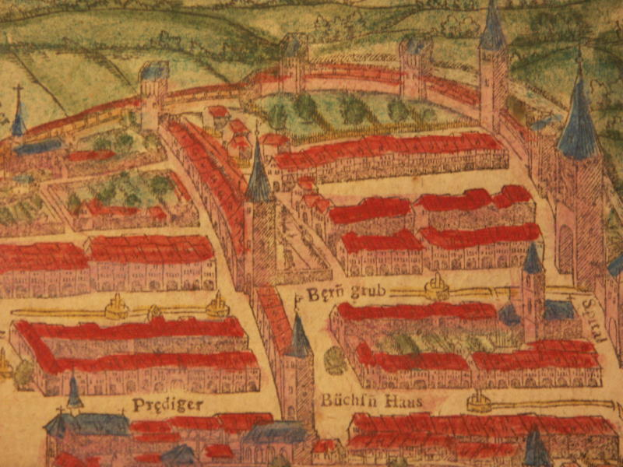 Ein detaillierter alter Stadtplan von Hamburg, Deutschland, der Straßen, Gebäude, Bäume und Text zeigt, der die Bevölkerung, Geschichte und Kultur der Stadt beschreibt.