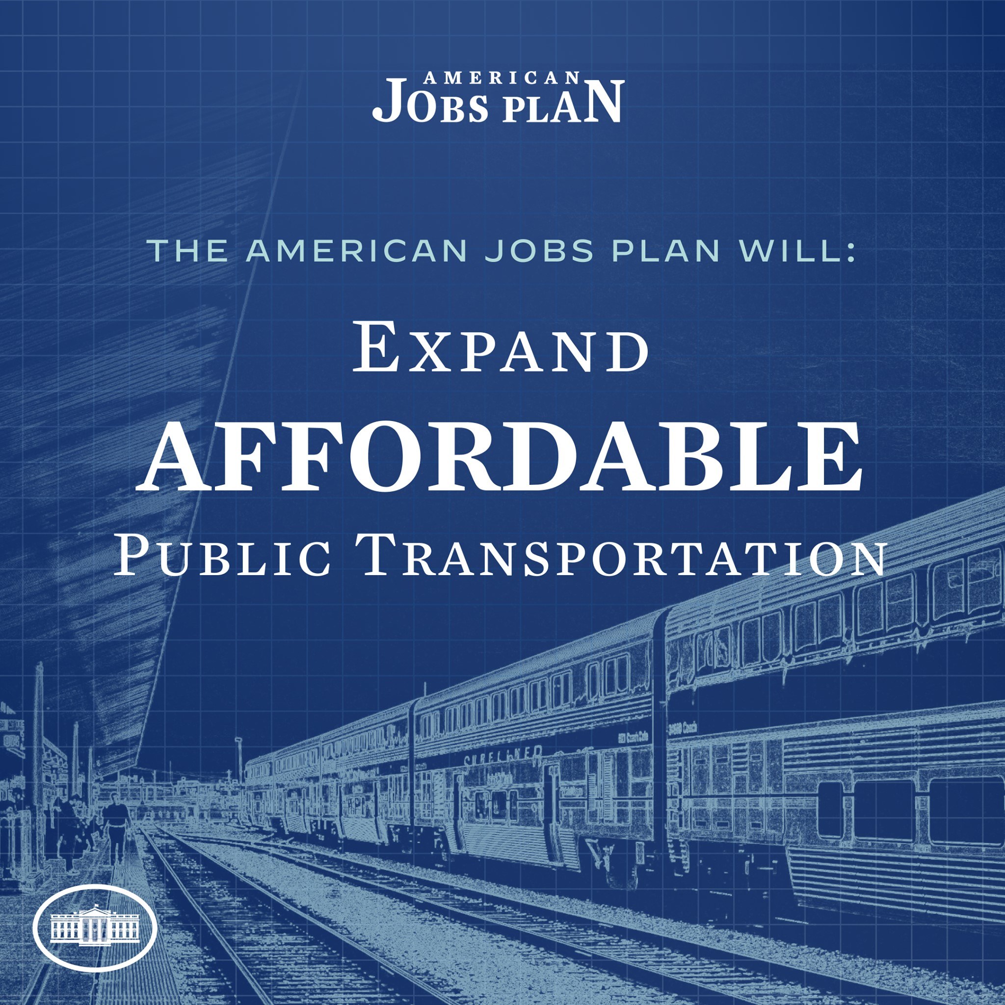 Plakat mit einer Bahn auf einem Eisenbahngeleise mit mehreren Menschen in der Nähe, begleitet von einem Text, der besagt: "Der American Jobs Plan wird den erschwinglichen Öffentlichen Verkehr ausbauen."