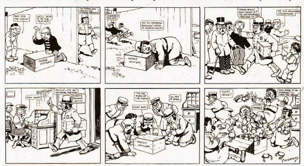Eine Comicseite mit einem Mann in Anzug und Hut, umgeben von Menschen, Kisten und anderen Gegenständen, mit der Aufschrift "Der Mann, der lacht".