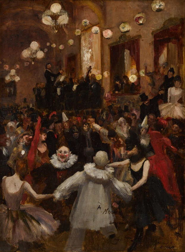 Painting of a group of people dancing in a ballroom, with a chandelier hanging from the ceiling, surrounded by curtains and other objects, featuring a clown in the center.
