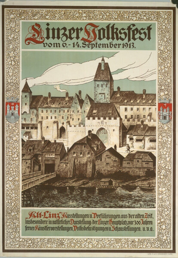 Alter deutscher Festivalplakat mit einer Burg- und Hausillustration, begleitet von Text.