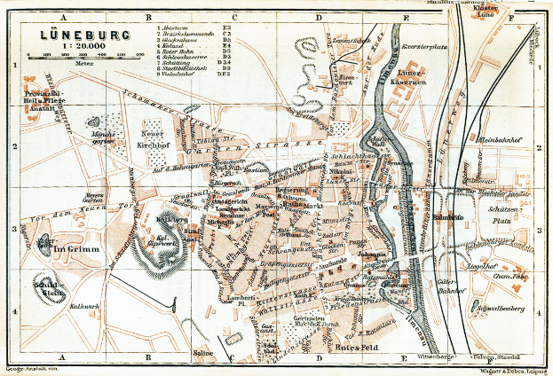 Ein altes Stadtplan von Lüneburg, Deutschland, mit Straßen, Gebäuden und Sehenswürdigkeiten mit Text und Zahlen.