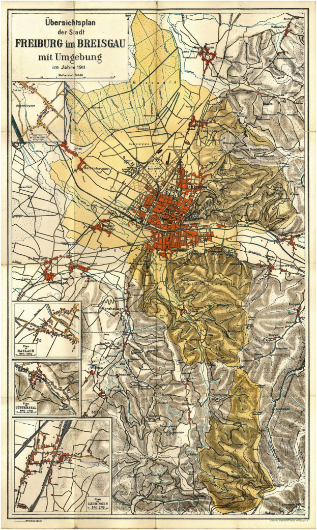 Detaillierte alte Karte von Freiburg, Deutschland, mit Straßen, Gebäuden und Sehenswürdigkeiten mit Text oben und unten.