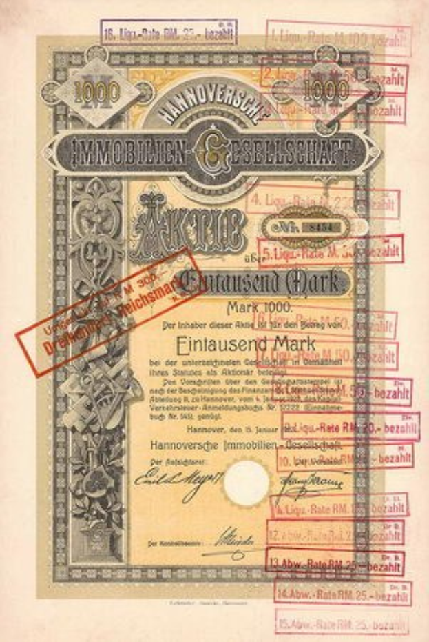 Alter deutscher Regierungsaktienchein mit rotem Stempel, gedrucktem Text und numerischen Markierungen auf altem Papier.