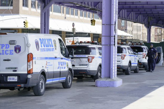 Eine Gruppe von Polizeifahrzeugen, die auf der Seite einer Stadtstraße geparkt sind, mit einer Person in der Nähe, Gebäuden, Polen, Verkehrszeichen und einer Brücke im Hintergrund.