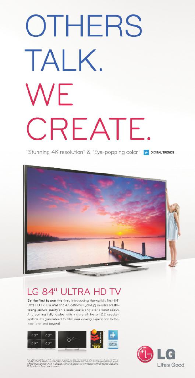 Ein Werbeplakat mit einem Fernseher, einem Mädchen daneben und Text.