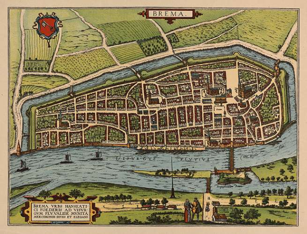 Ein detaillierter alter Stadtplan von Bremen, Deutschland, mit Straßen, Gebäuden und Sehenswürdigkeiten, primarily in shades of blue and green.