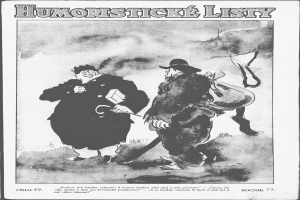 A black and white cartoon of two men standing side by side, one holding an object, with the text "Humoristic Listy" at the top and bottom.