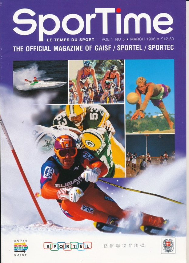 Magazinumschlag mit der Aufschrift "Sporttime Magazine - März 1996" mit Bildern von Menschen beim Skifahren und Snowboarden sowie Text und Logos.
