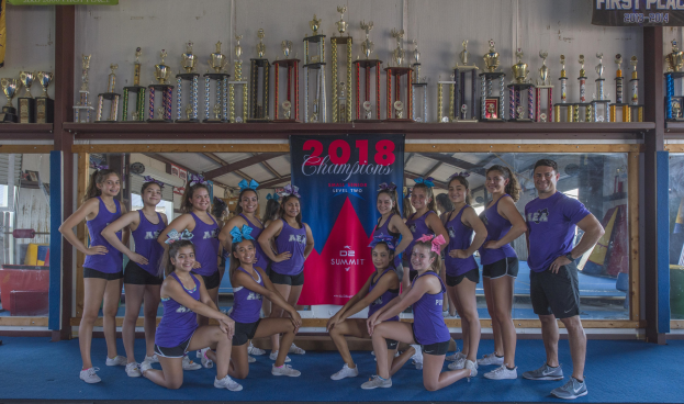 Gruppe von Cheerleadern in lila T-Shirts und schwarzen Shorts, die vor einem Vitrinenschrank mit einer '2018 Summit Cheerleading Champions'-Tafel posieren.