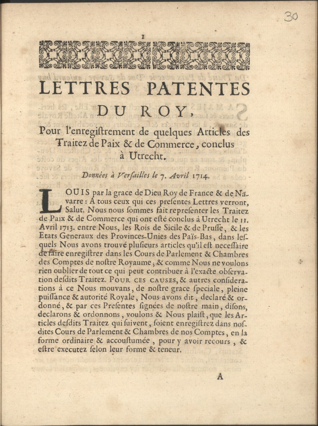 Offenes Buch mit dem Titel "Letters Patentes du Roy", das eine Seite mit fetter Schrift und einem komplexen Design zeigt.