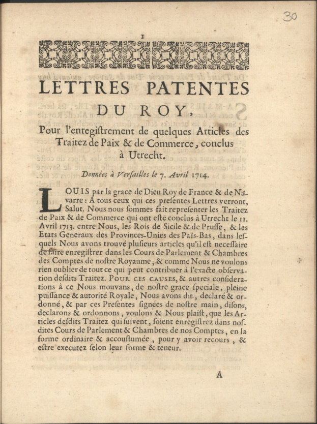 Offenes Buch mit dem Titel "Letters Patentes du Roy", das eine Seite mit fetter Schrift und einem komplexen Design zeigt.
