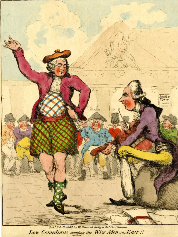 Cartoon eines Mannes in einem Kilt und einer Frau in einem Kleid, die vor einem Publikum auf einer Bühne stehen, mit einem Gebäude im Hintergrund und einer bewölkten Himmel, mit dem Text 'Niedrige Komiker, die die weisen Männer des Ostens unterhalten' unten.