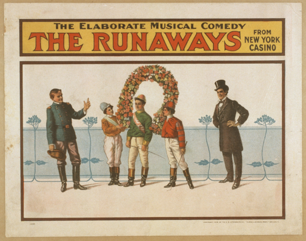 Plakat für "Elaborate Musical Comedy Runaways from New York Casino" mit einer Gruppe von Menschen in einer Reihe, wobei einer einen Blumenstrauß hält, und Text, der die Comedy beschreibt.