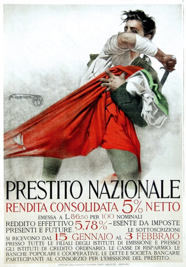 Plakat eines Mannes in weißem Hemd mit roter Stoffbahn und der Aufschrift "Prestito Nazionale Rendita Consolidata 5% Netto" oben drauf.