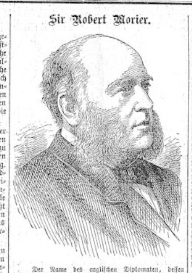Eine Schwarz-Weiß-Zeichnung eines bärtigen Mannes, der mutmaßlich Robert Morier ist, der auf einem Blatt Papier steht, das wahrscheinlich seine Leistungen und Beiträge zur Deutschen Revolution beschreibt.