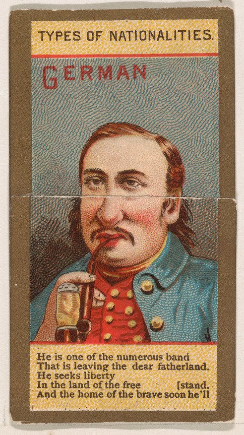 Ein Plakat eines Mannes in deutscher Militäruniform mit einem Glas Bier in der Hand, mit der Aufschrift "Deutscher".