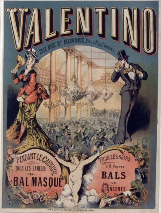 Ein Plakat, das eine Valentinstagsparty in Paris ankündigt, zeigt einen Mann in Zylinder und eine Frau in einem langen Kleid nebeneinanderstehend, mit Text zur Beschreibung des Events.