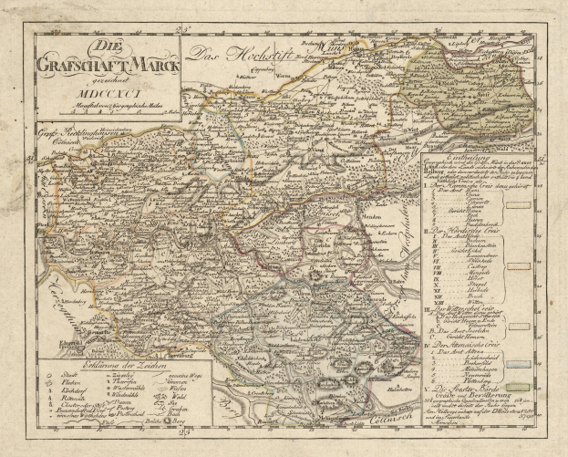 Ein detailliertes, farbenfrohes altes Stadtplan von München, Deutschland, der Straßen, Parks, Sehenswürdigkeiten, Flüsse und Berge zeigt, mit einem dekorativen Rahmen.