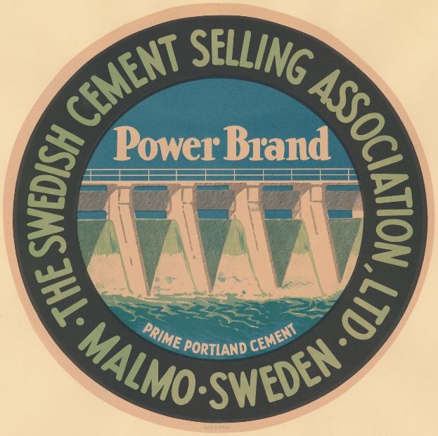Plakat für 'Die schwedische Zement-Verkaufsverband Power Brand' mit einem Bild einer Brücke über Wasser.