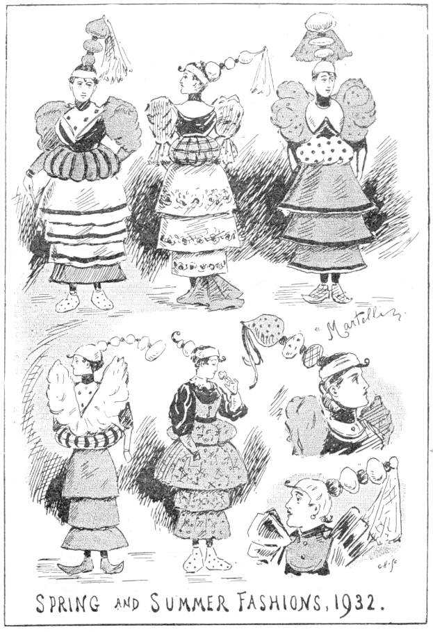 Schwarze und weiße Illustration von Frauen, die 1932 Frühjahrs- und Sommerkleider tragen, mit begleitendem beschreibendem Text.