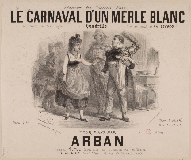 Ein Blatt mit einer Zeichnung eines Mannes und einer Frau in traditioneller Kleidung vor einem Karneval, mit der Aufschrift "le carnaval d'un merle blanc".
