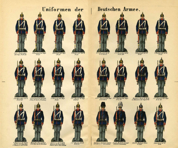 Ein Buch mit einem Raster verschiedener deutscher Armee-Uniformen, jede mit einzigartigen Designs, Farben und Mustern, begleitet von beschreibendem Text.