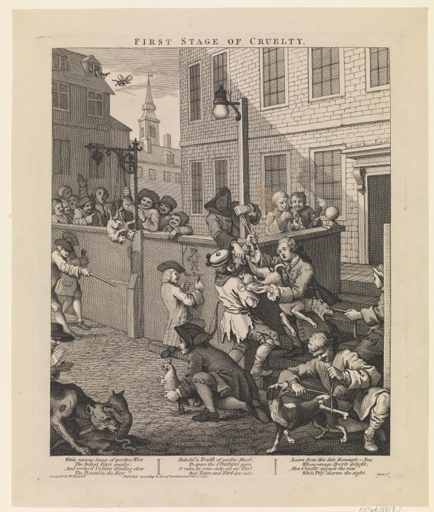 Eine Gruppe von Menschen und Tieren versammelt sich vor einem Gebäude mit Fenstern und einem Laternenmast, mit der Aufschrift "Erste Stufe der Grausamkeit" unten.
