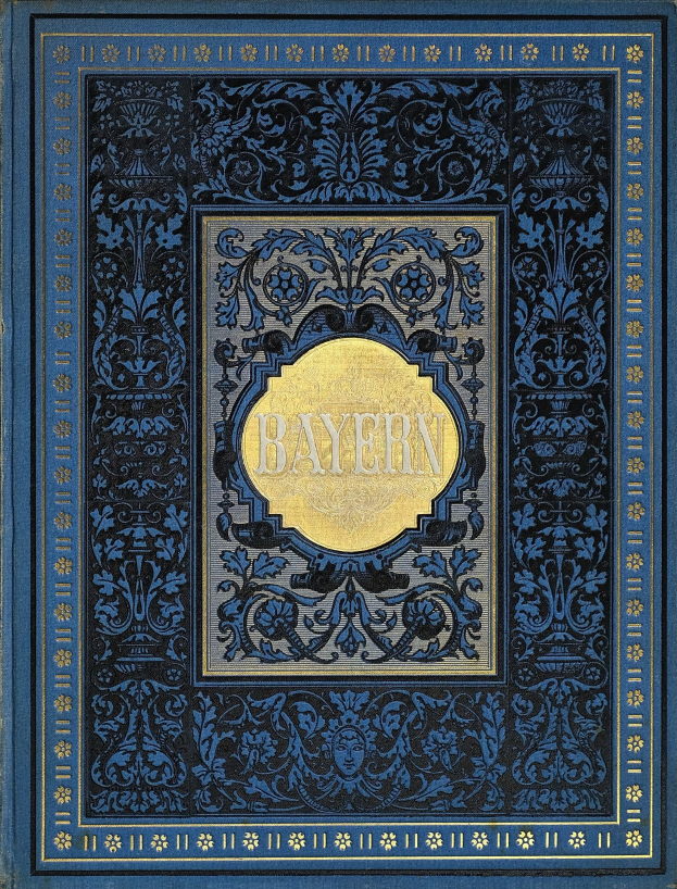 Ein blau-goldenes Buch mit dem Wort 'Bayern' auf dem Cover, das mit detailreichen Designs verziert ist.